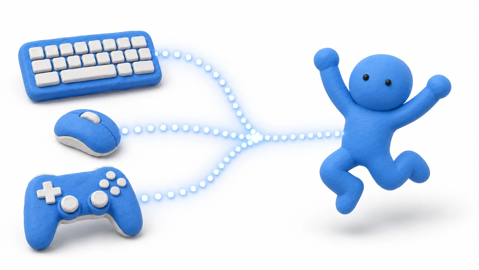入力処理のイメージ。キーボード・マウス・ゲームパッドからの信号がゲームキャラクターへ流れ込んでいる
