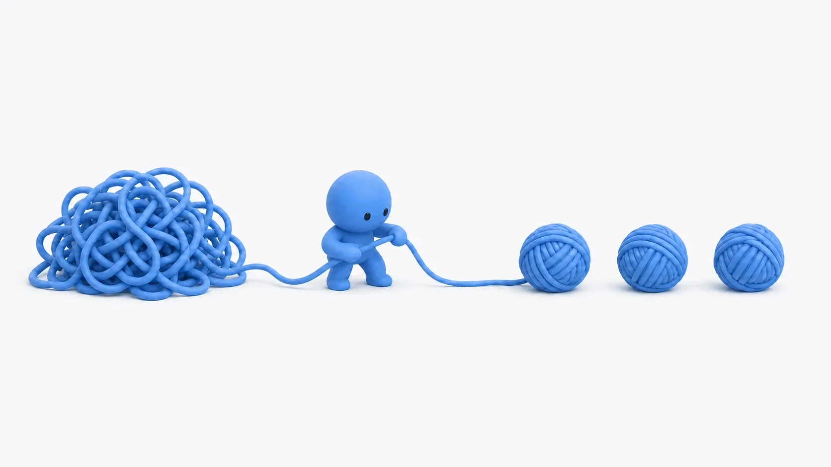 A doll untangling knotted yarn and winding it back into a neat ball, illustrating graph organization