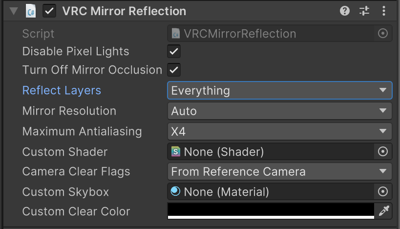 VRCMirrorReflection component settings