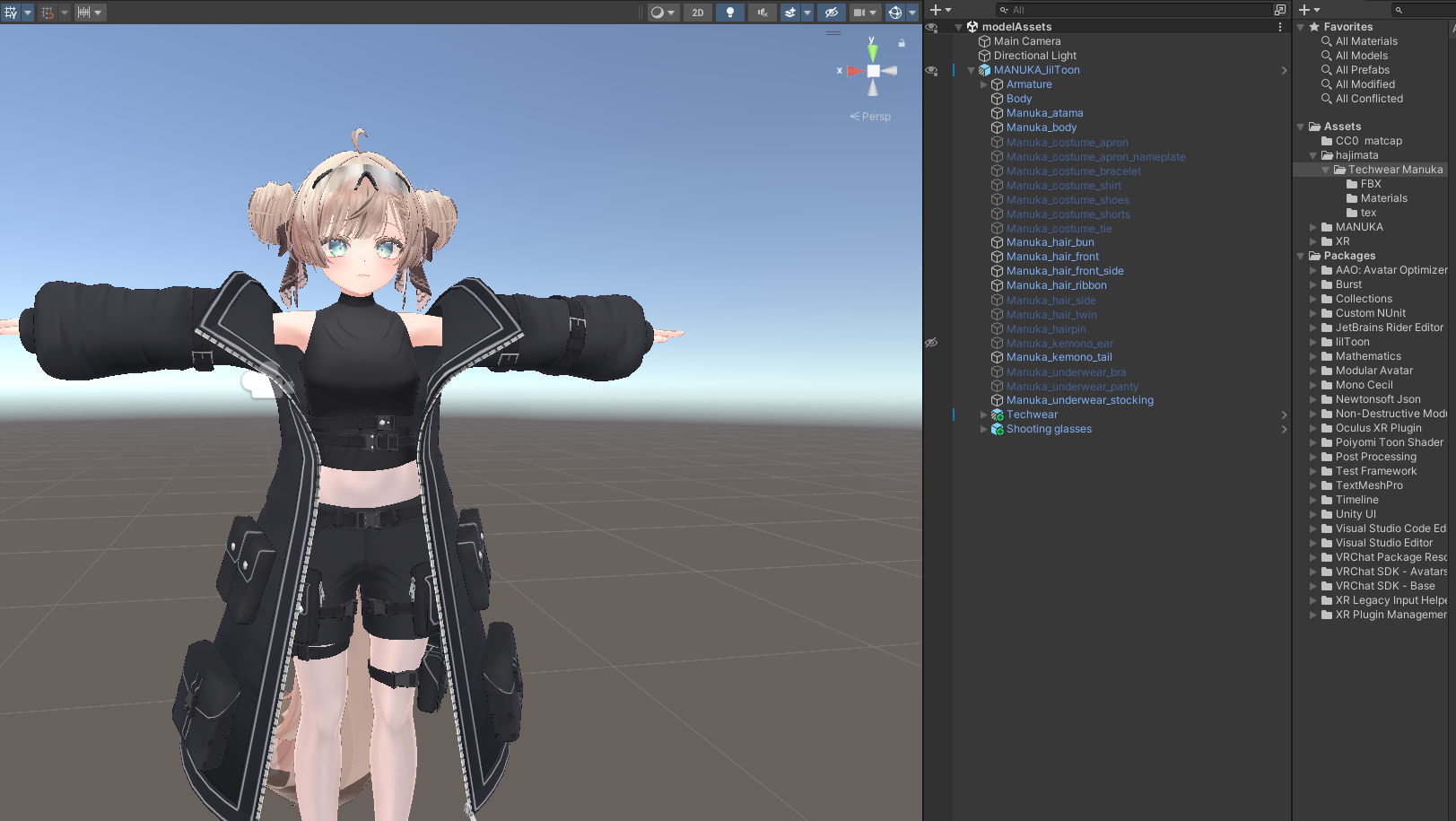 Unity上でマヌカちゃんにTech Wearを着せている様子