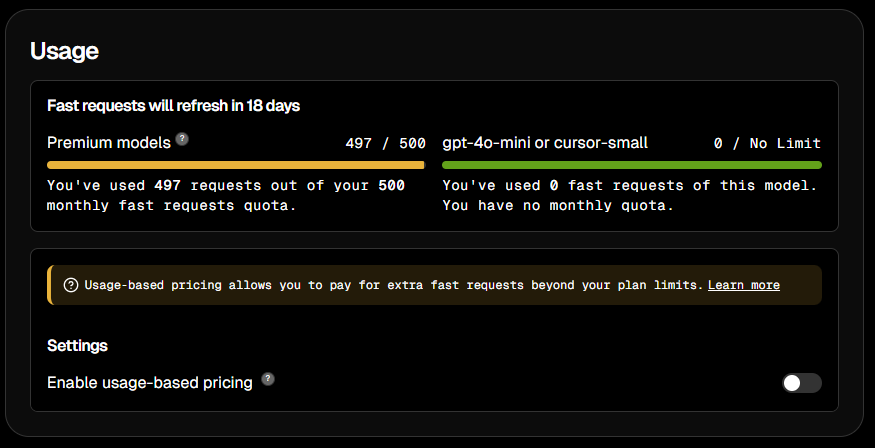 Cursorのプレミアムモデル使用回数制限の表示
