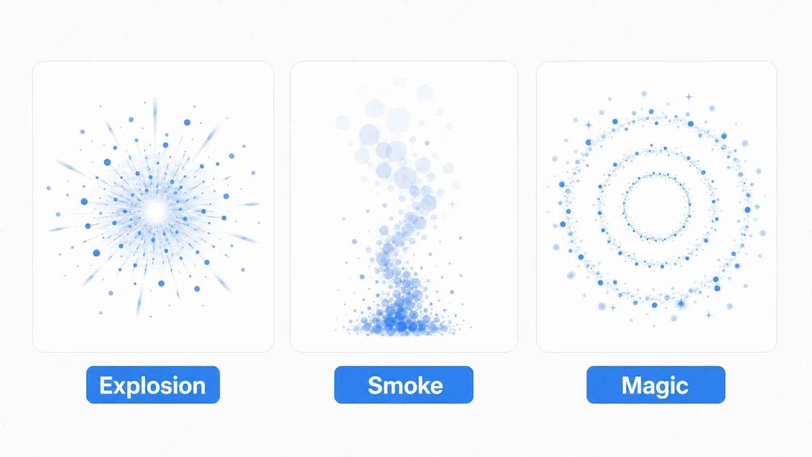 Three effects side by side: an explosion (radial burst), smoke (rising), and magic (expanding in a ring)