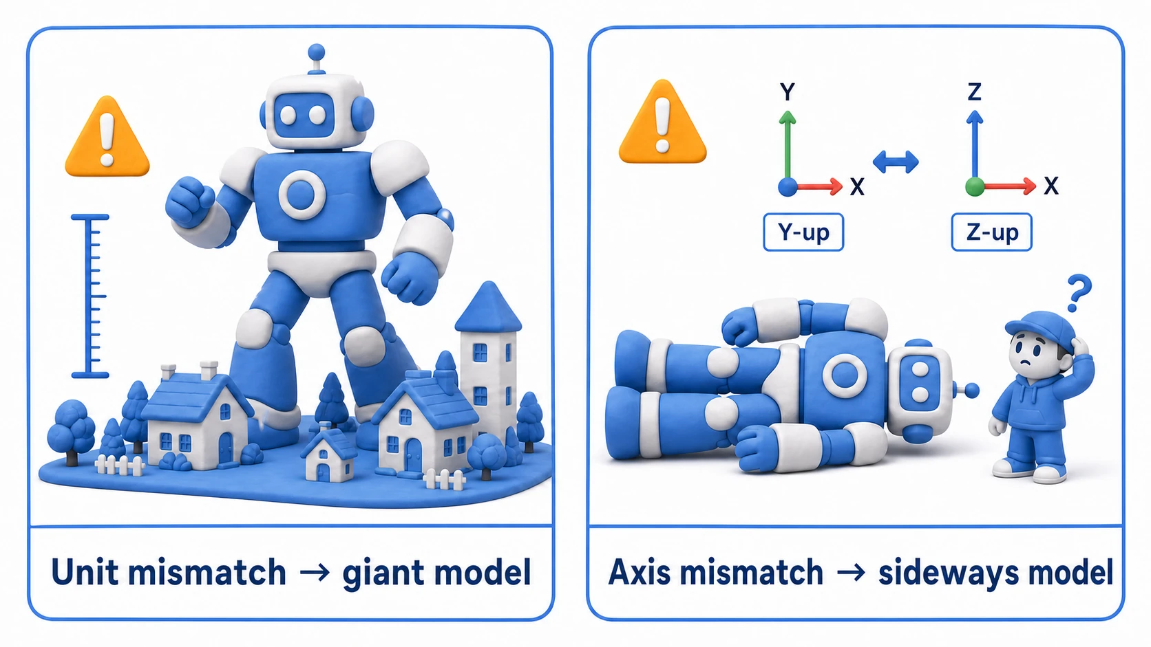 Diagram of symptoms caused by scale and coordinate-system mismatches. Wrong unit settings make the model gigantic like a building, and a mismatched coordinate system imports the character lying on its side