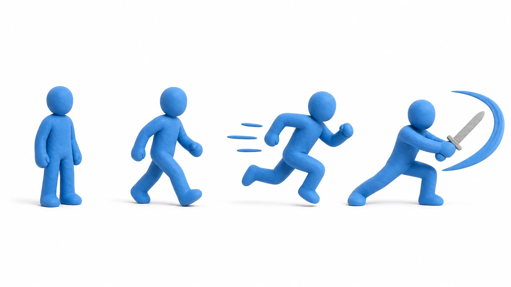Illustration of 3D character animation. Clay characters lined up in idle, walk, run, and attack poses