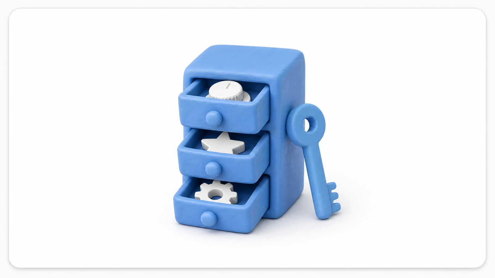 Conceptual image of PlayerPrefs: a small clay drawer cabinet where a volume knob, a high-score medal, and a graphics-quality gear are stored in labeled, keyed drawers