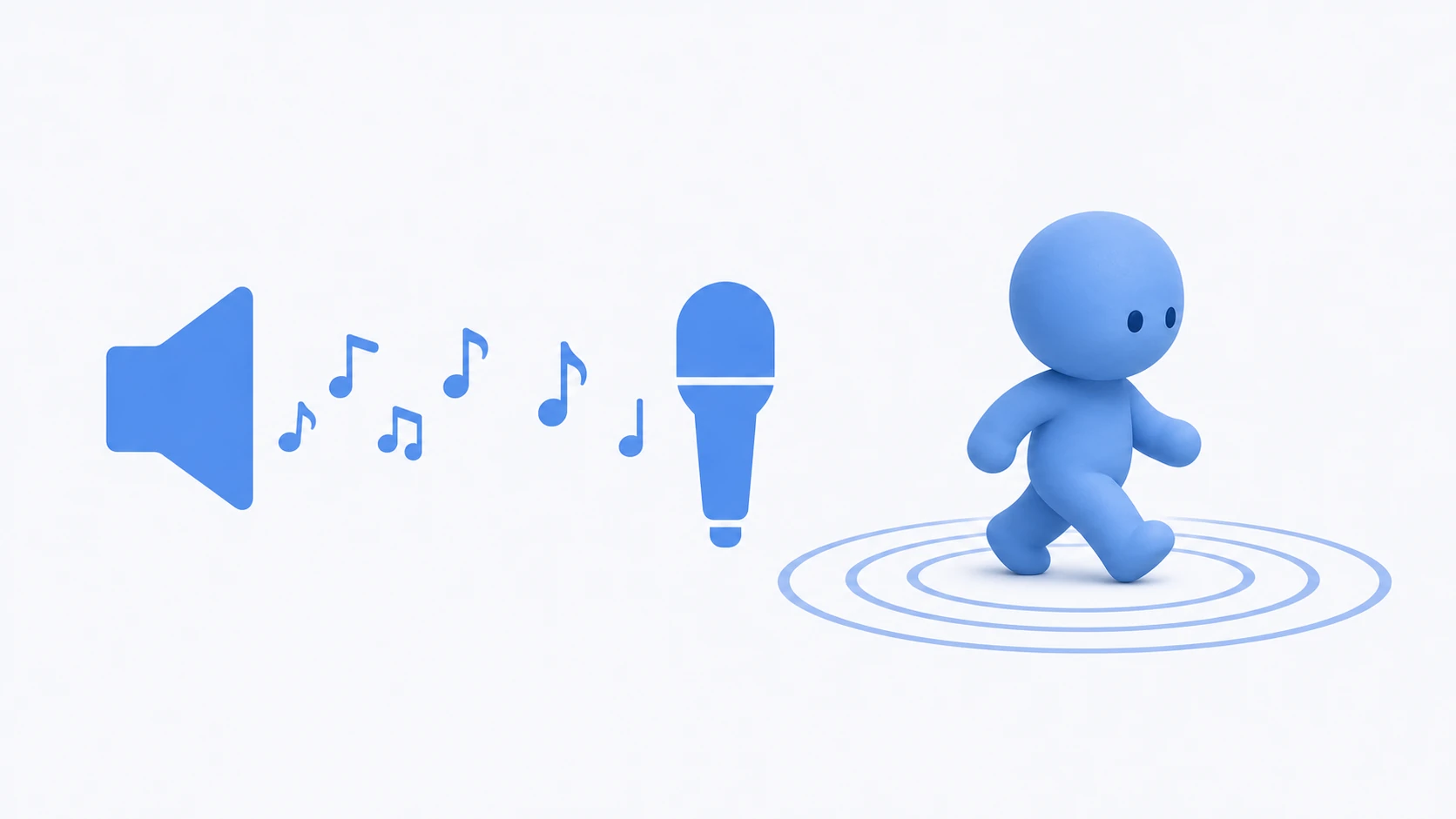 Illustration of Unity audio. Musical notes flow from a flat blue speaker into a microphone, and a blue clay figure walks with sound ripples spreading from its feet