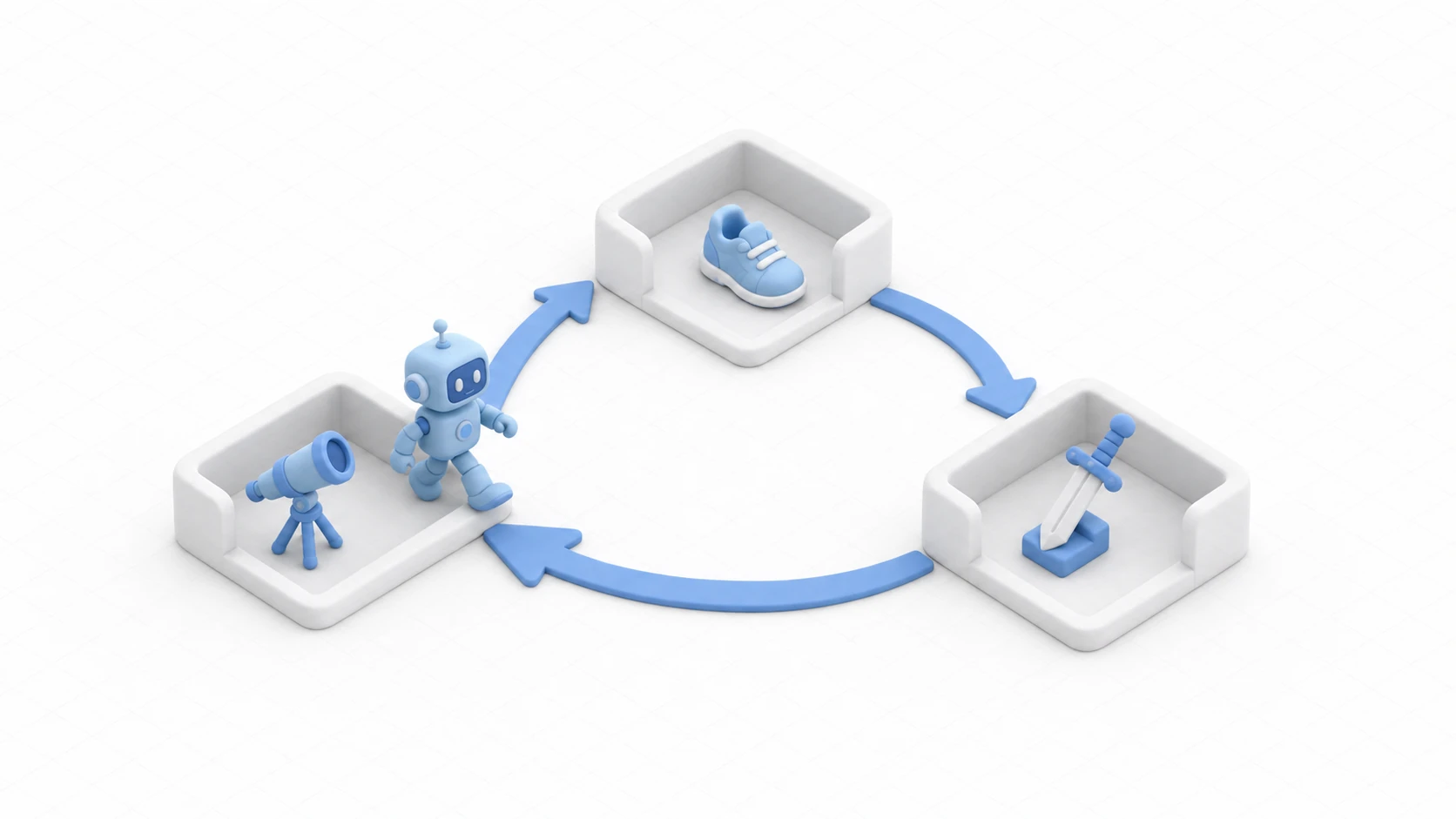 Illustration of a state machine: a character moving between rooms representing states, connected by transition corridors