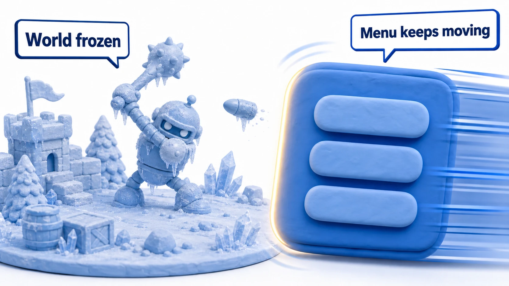 Example diagram of a frozen world with a moving menu: the game world (enemies and projectiles) is frozen solid, but the pause menu in front slides in and keeps animating