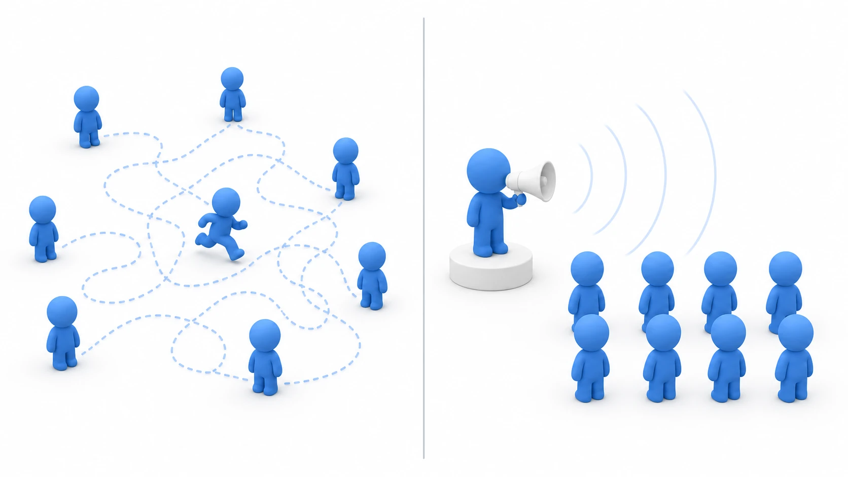 Concept illustration of the custom update manager. A clay messenger character goes around calling on a crowd of characters one by one, contrasted with a manager holding a megaphone who addresses everyone at once