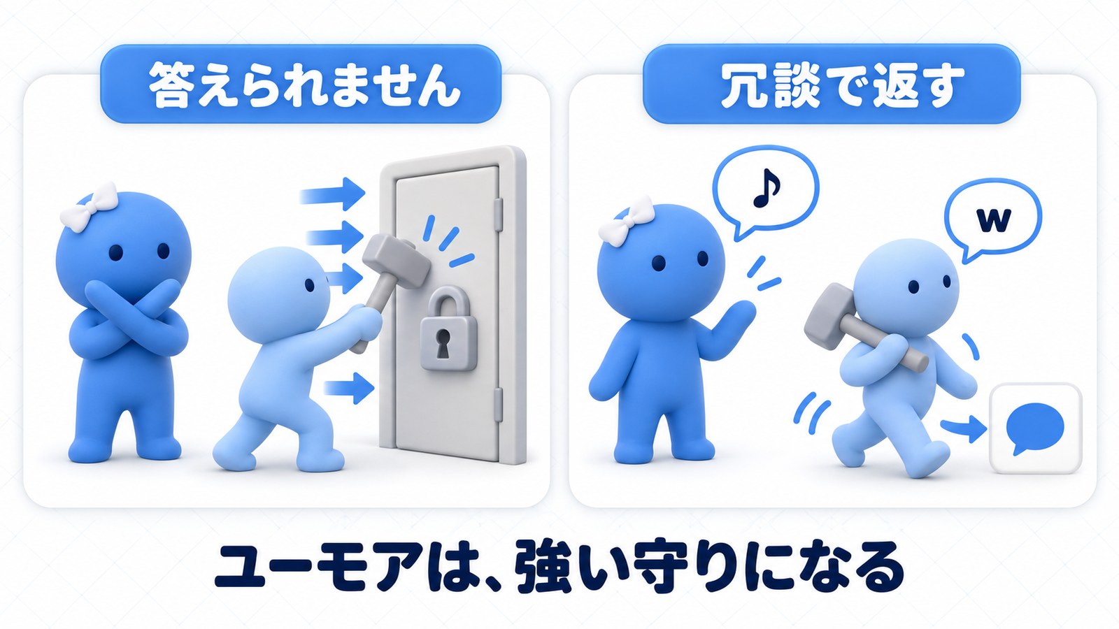 「答えられません」と返すか、冗談で返すか。ユーモアは強い守りになる