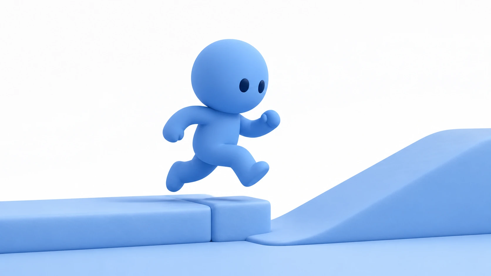 A faceless soft-blue clay figure walks across 3D terrain, jumps over a ledge, and climbs a slope