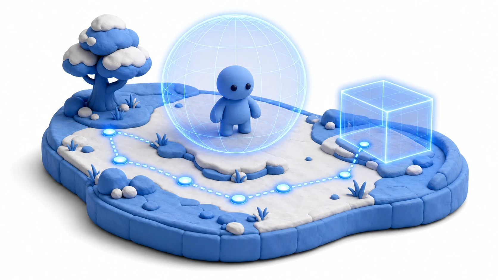 Conceptual image of Gizmos. A clay-style game scene with glowing wireframe spheres and line guides overlaid