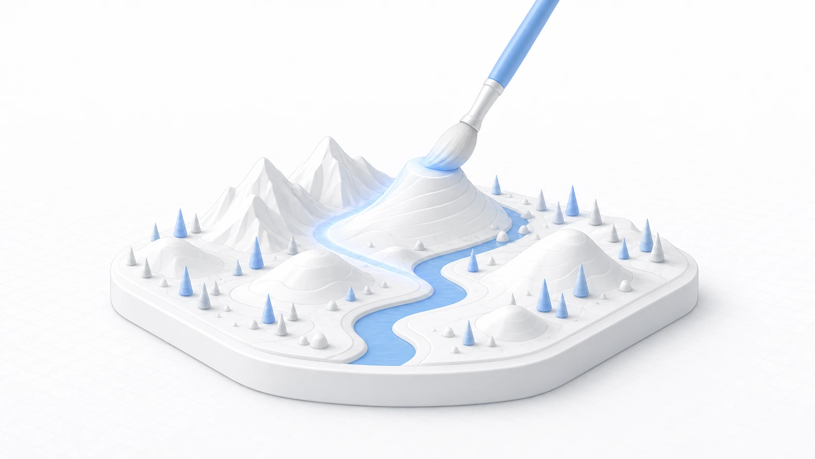 Conceptual image of Terrain: a giant brush sculpting a hill on a white miniature landscape diorama with a blue river and trees