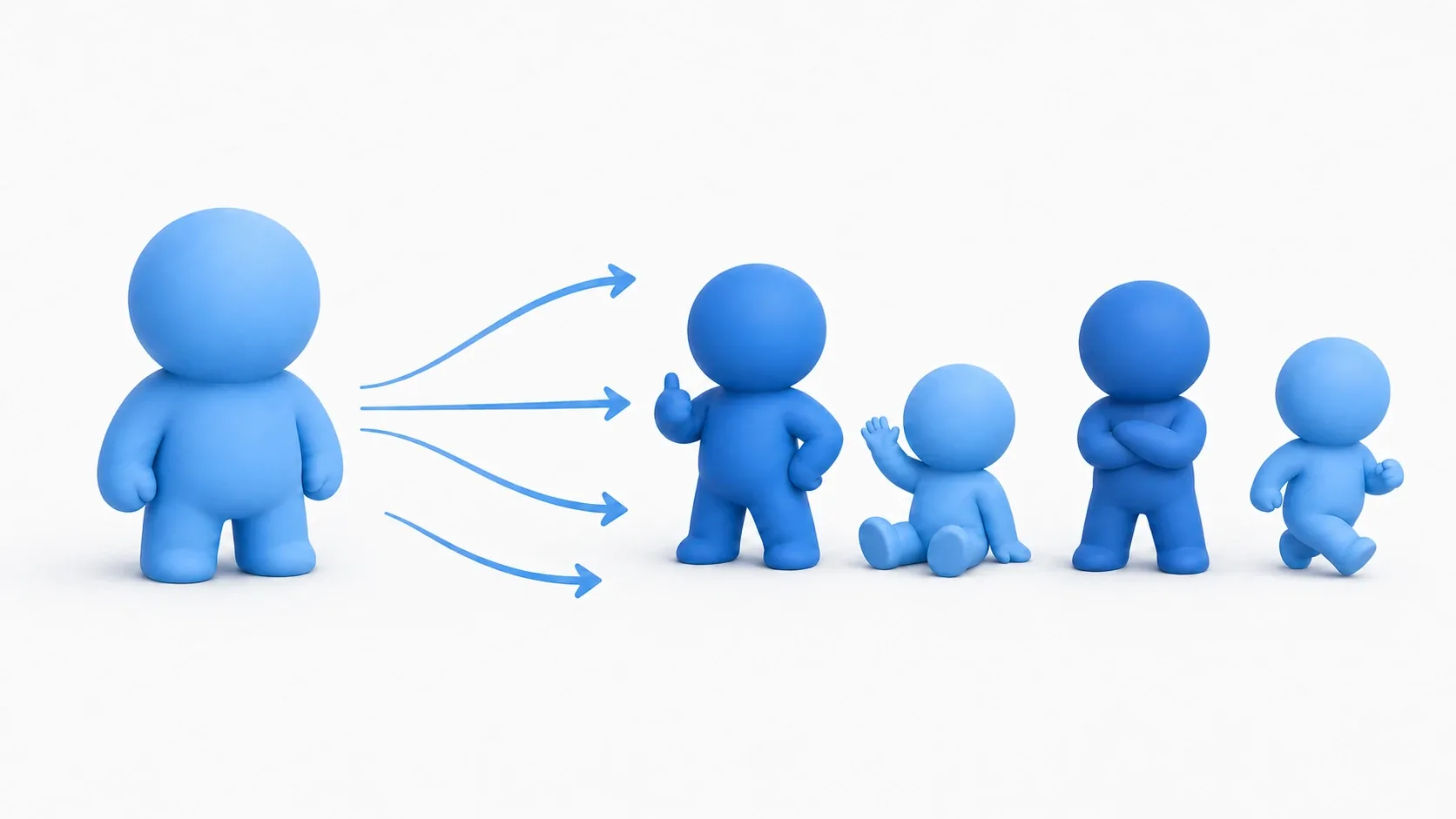 Illustration of character mass production. Multiple derived characters of different colors and sizes are produced from one base template