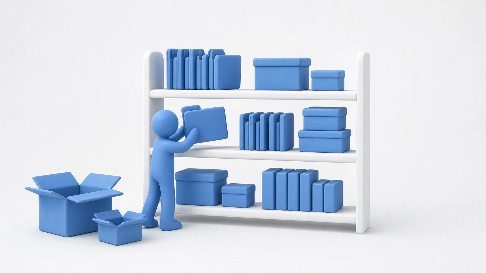 Project organization concept: scattered assets being tidied onto shelves by type