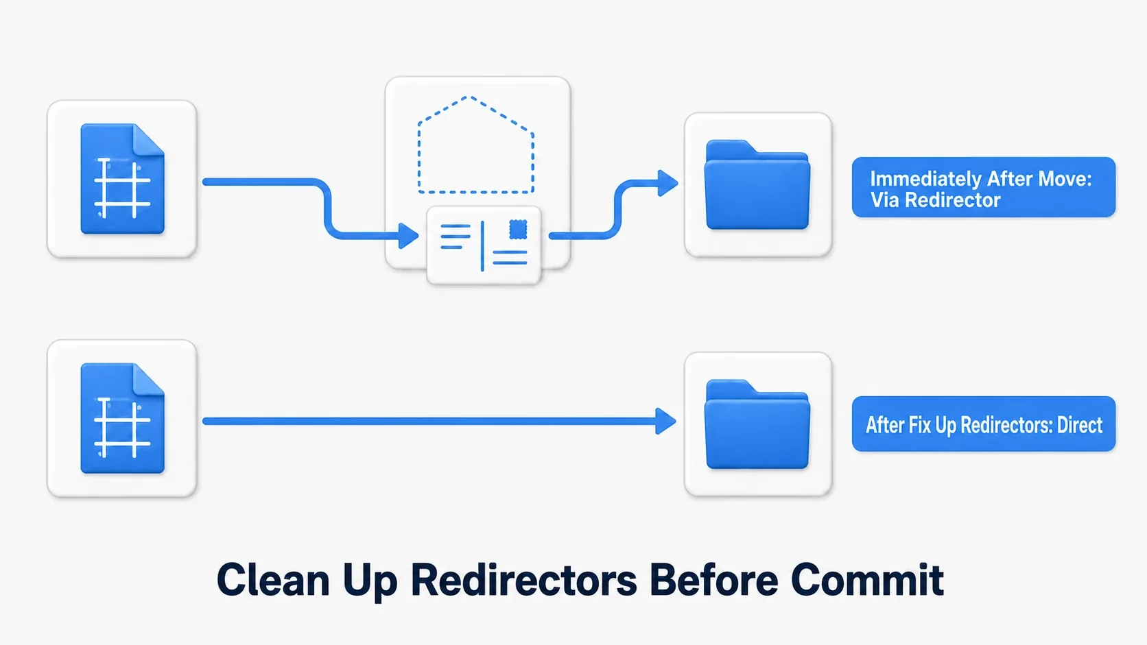 Redirector diagram: right after a move, references arrive via the forwarding note; after Fix Up Redirectors, they point directly. Clean up forwarding notes before committing