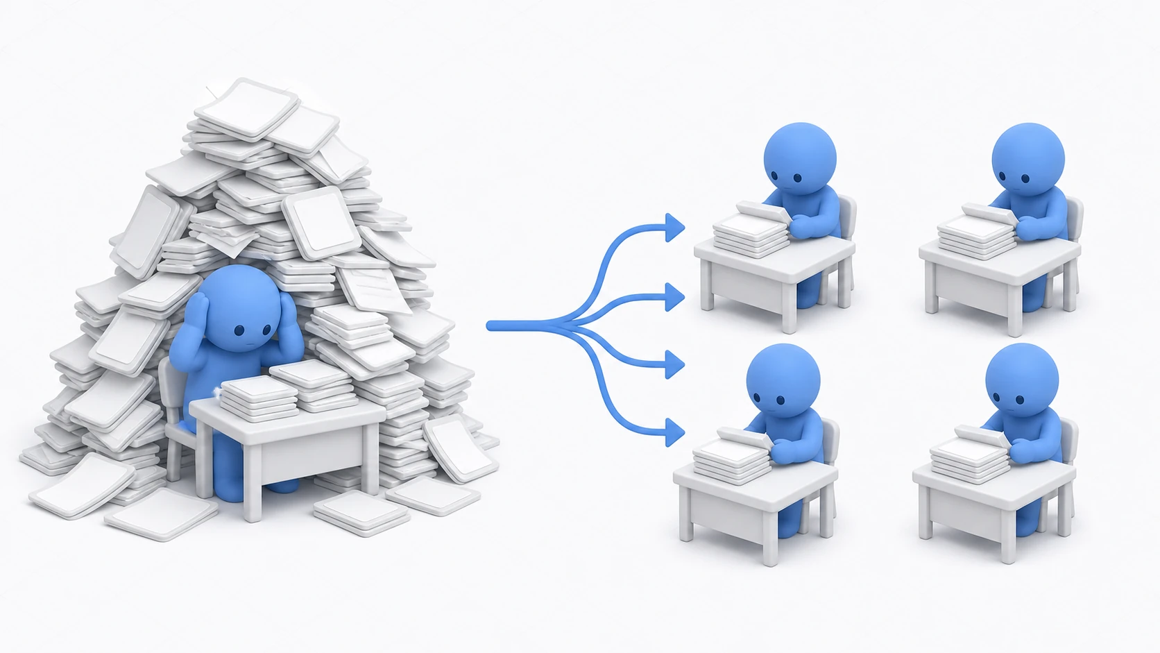 One figure buried under a mountain of calculations, versus figures sharing the work and computing in parallel