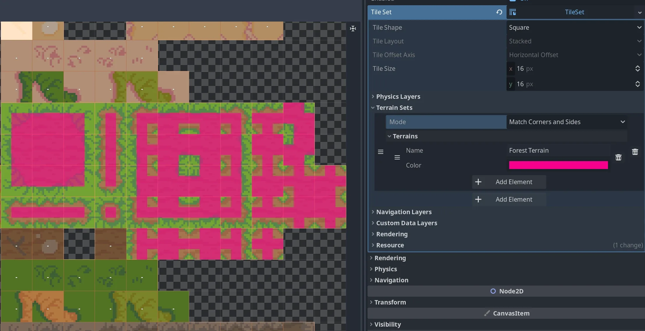 The TileSet editor after painting the Terrain, with the tiles registered to the terrain highlighted in pink
