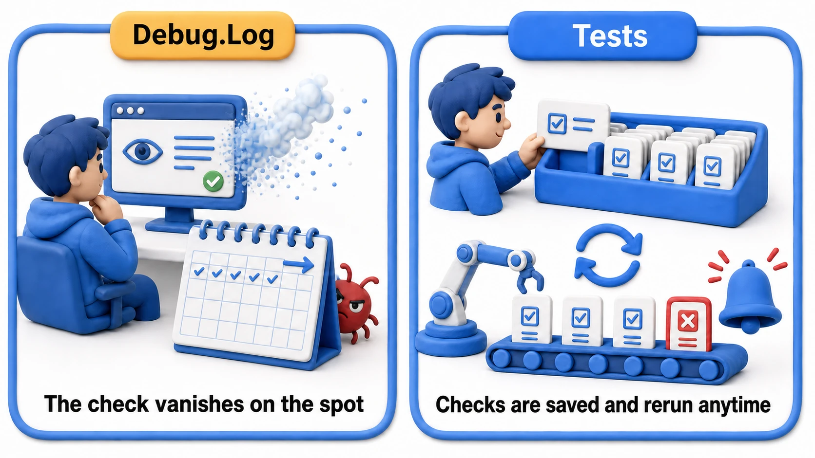Comparison of Debug.Log checks and tests. A Debug.Log check disappears after one visual confirmation, so nobody notices when a later change breaks things. A test preserves the check as code, automatically re-running on every change and alerting you the moment something breaks