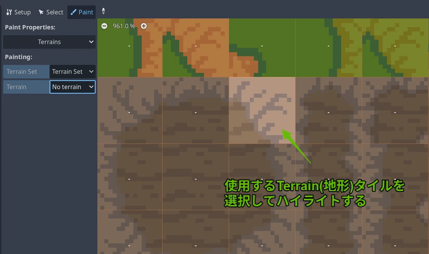 Selecting a Terrain and highlighting tiles, annotated with the note to select and highlight the terrain tiles you plan to use