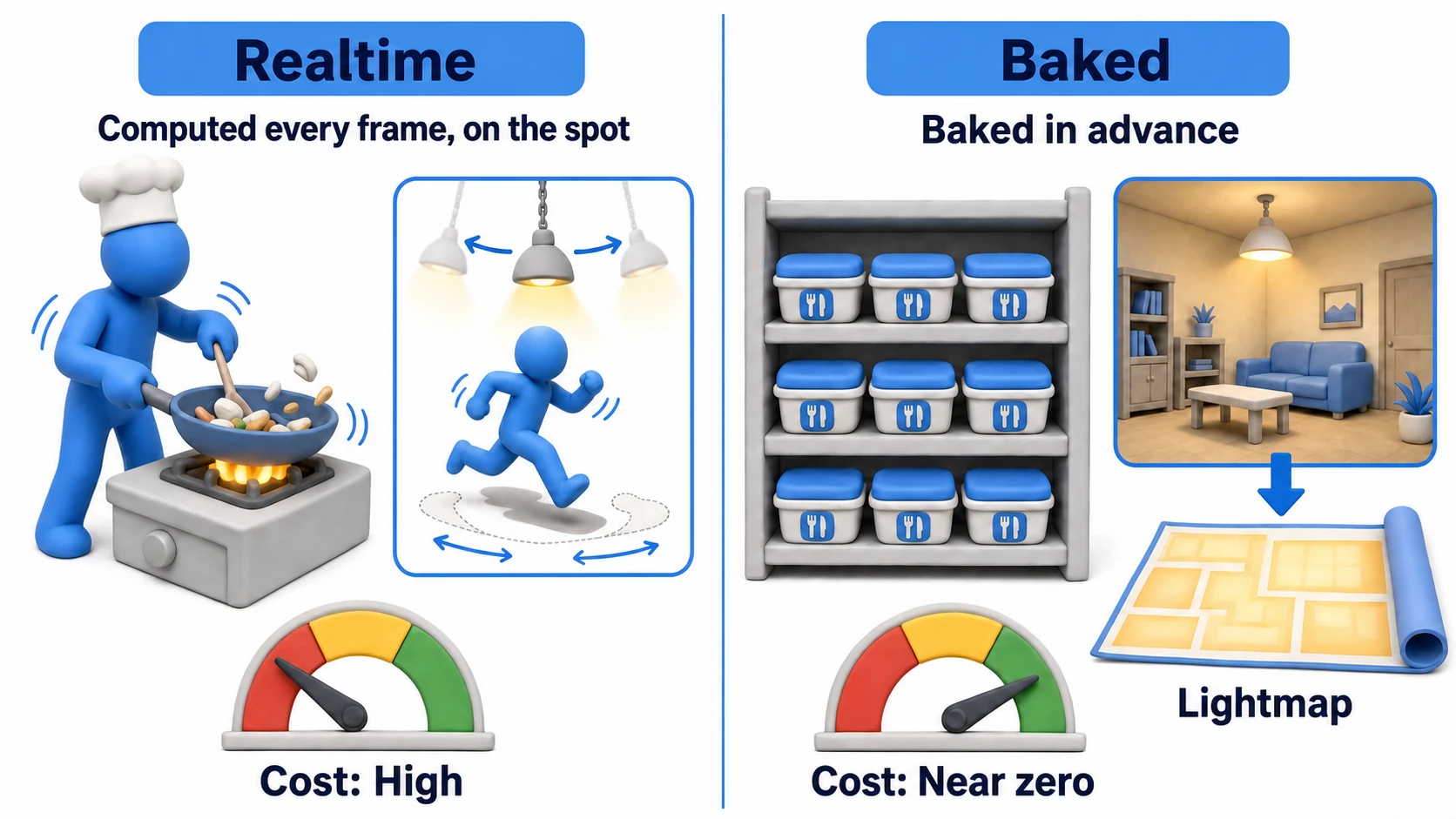 Comparison of realtime vs. baked. Realtime keeps calculating light and shadows every frame at runtime, so it handles moving lights but is expensive. Baked burns precomputed light into a texture called a lightmap, so it's nearly free at runtime but can't move