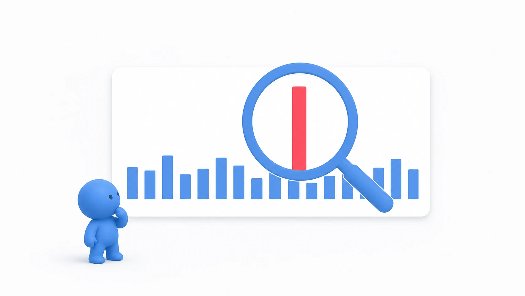 Profiler concept art. A clay figure looks up at a performance graph where a single red spike stands out, magnified by a large blue magnifying glass