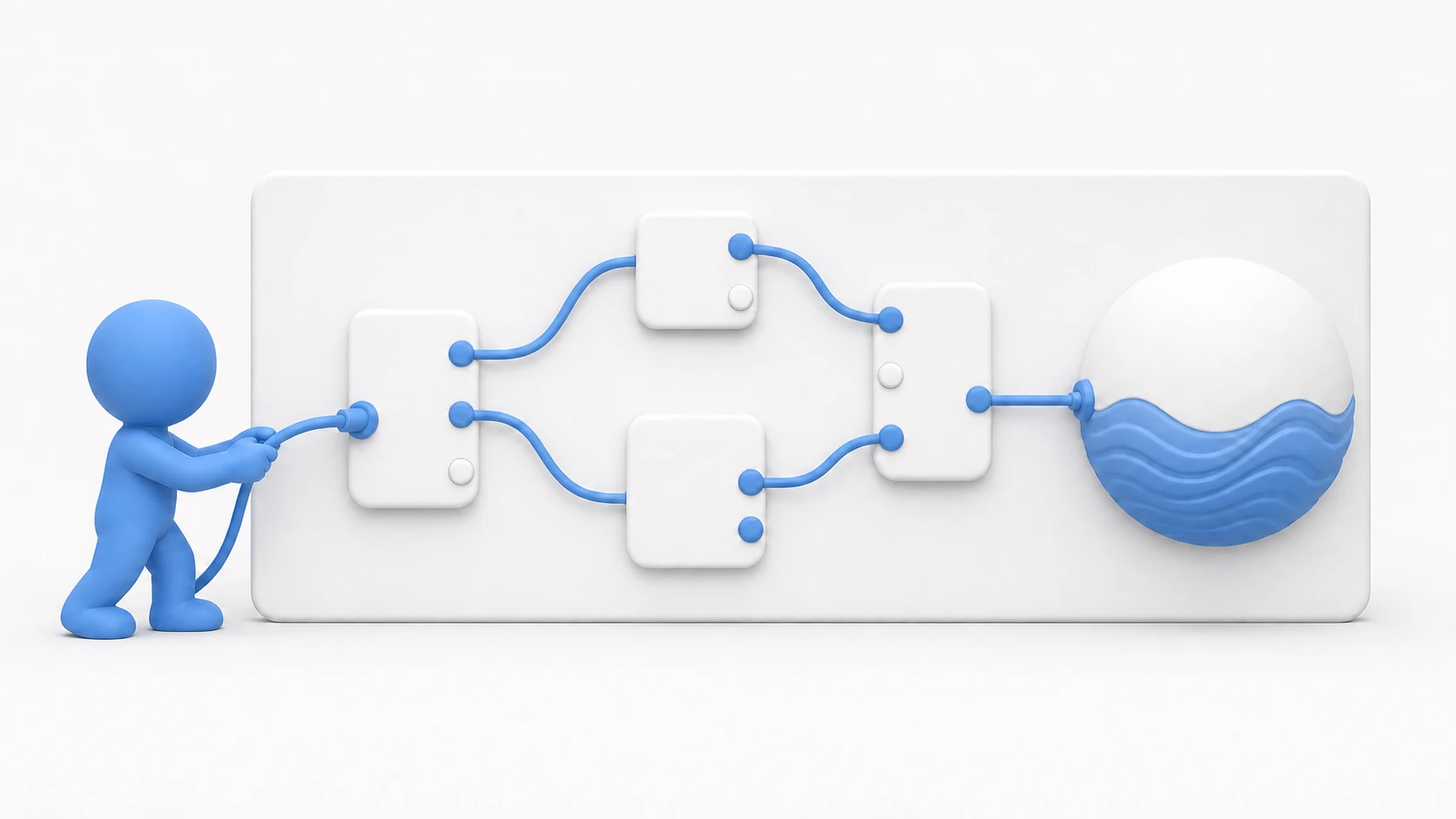 Illustration of Shader Graph: a clay character connects node boxes with cables, and the preview sphere's material transforms