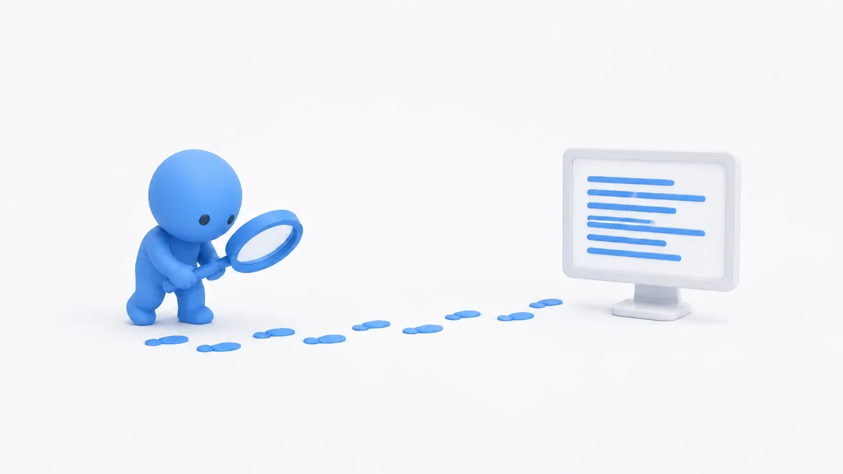 A figure following footprints with a magnifying glass and arriving at a log screen, illustrating debugging