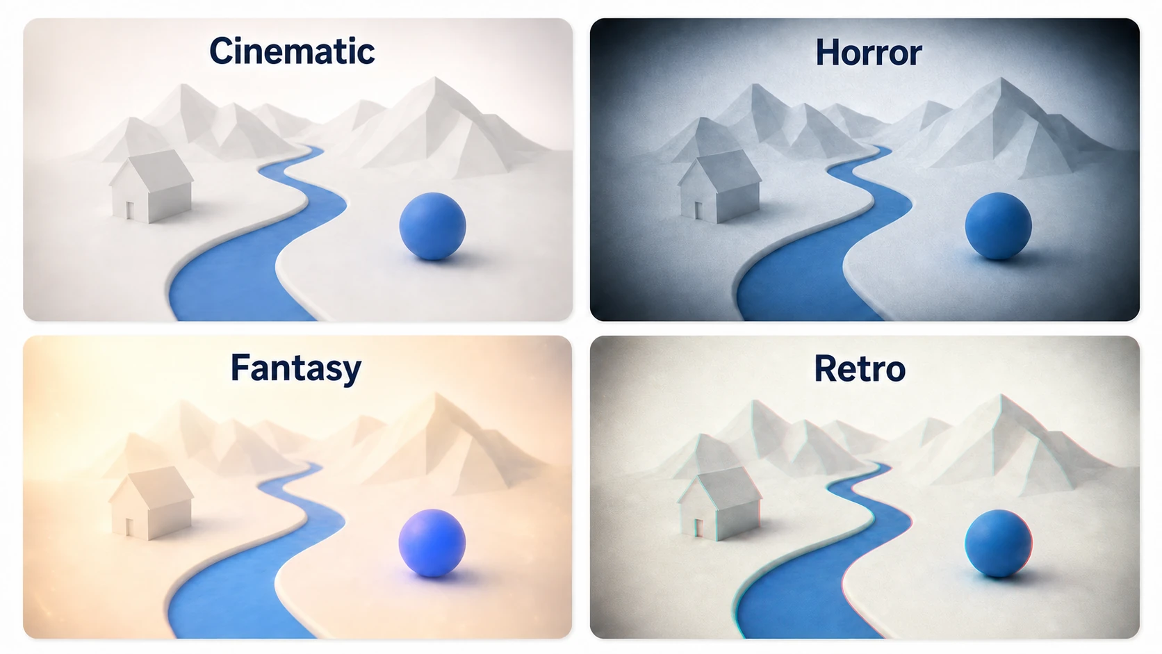 Look comparison of four presets. The same landscape scene shown four ways: Cinematic (tightened contrast, natural color), Horror (desaturated cool tone with a strong Vignette), Fantasy (warm tone with strong Bloom for a dreamlike feel), and Retro Game (high contrast plus chromatic aberration and Grain)