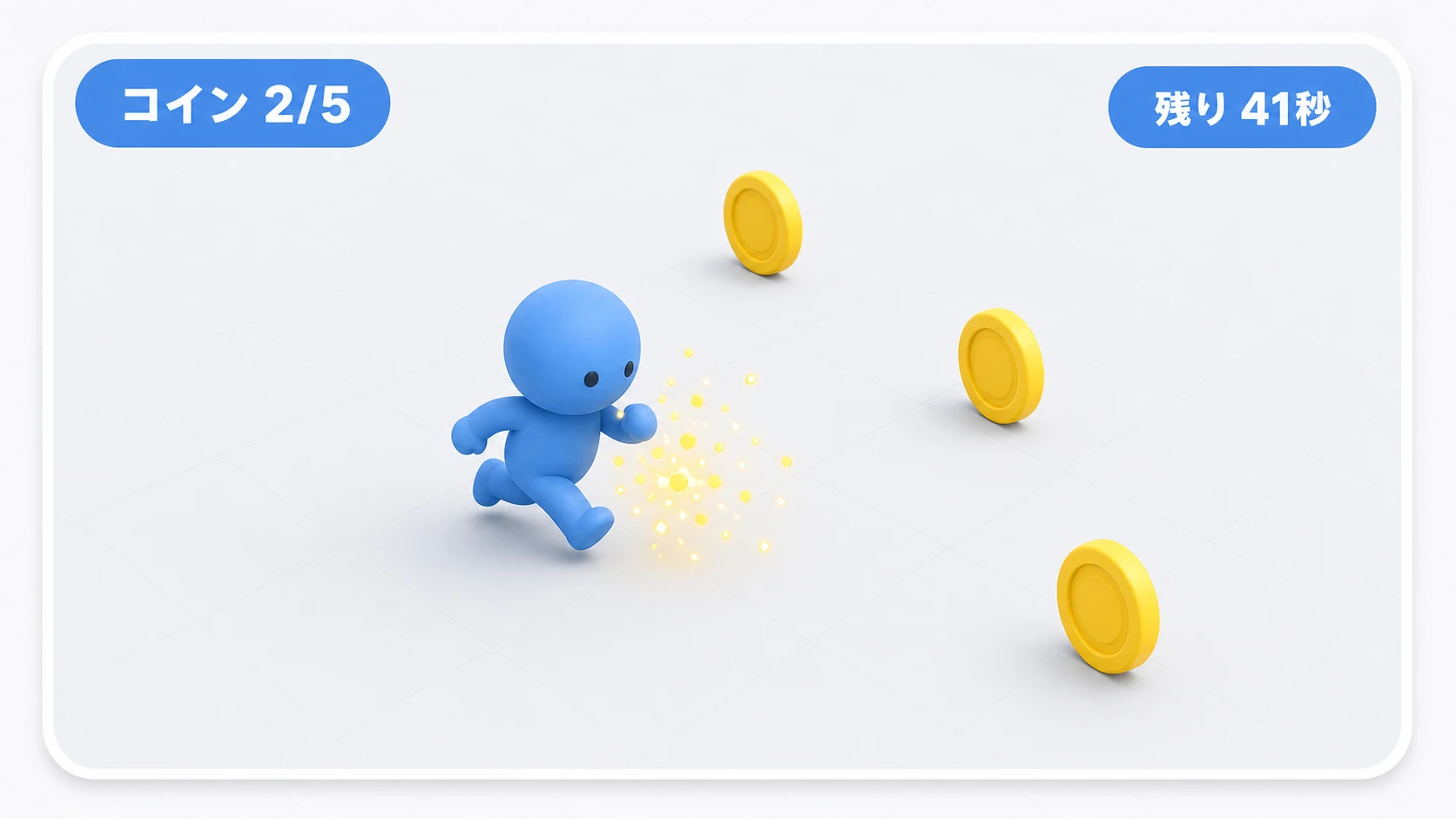 完成したゲーム画面の場面図。上部にコイン枚数と残り時間のHUD、床の上を走るプレイヤーとコイン、取った瞬間の光の演出