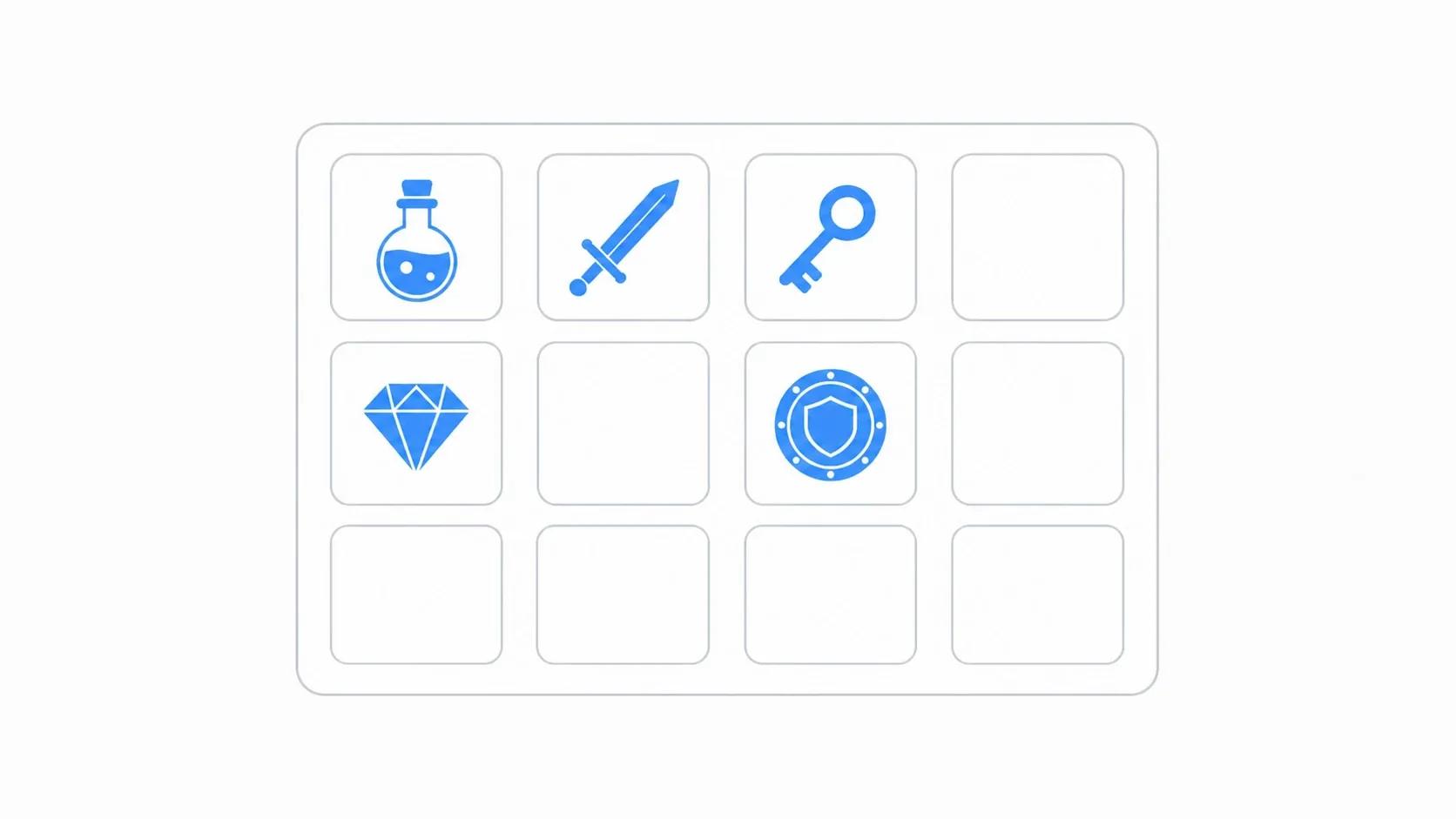 A game inventory screen: a grid of slots holding item icons such as potions, swords, keys, and gems