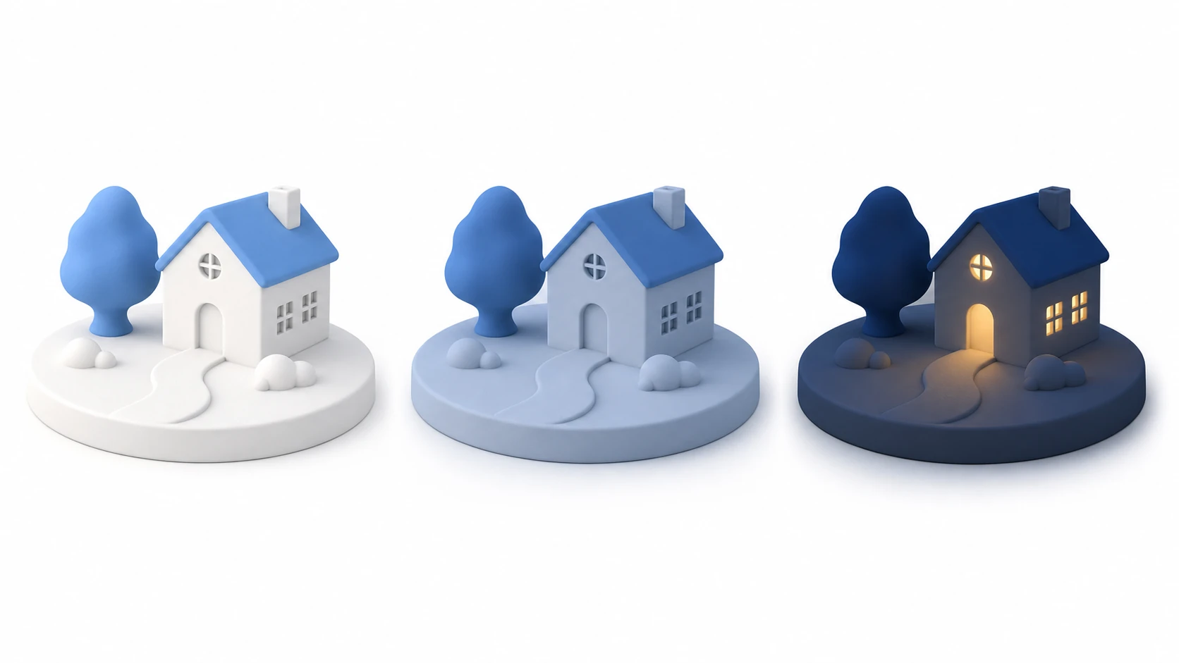 The power of lighting. The same clay diorama looks completely different under three lighting setups: bright daylight, blue moonlight, and an eerie single light source