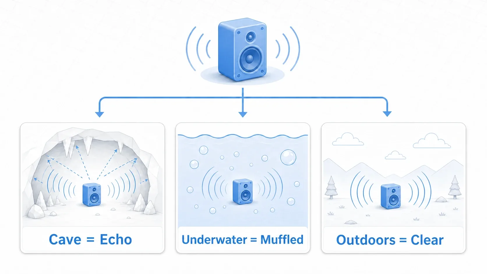 A diagram showing that the same speaker's sound is heard differently in three spaces: a cave (echoing), underwater (muffled), and outdoors (clean)