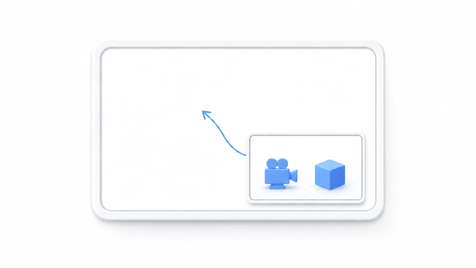 A SubViewport concept: a small sub-screen (a separate world with a camera and a cube) inside a large screen frame, with its footage being transferred to the main screen