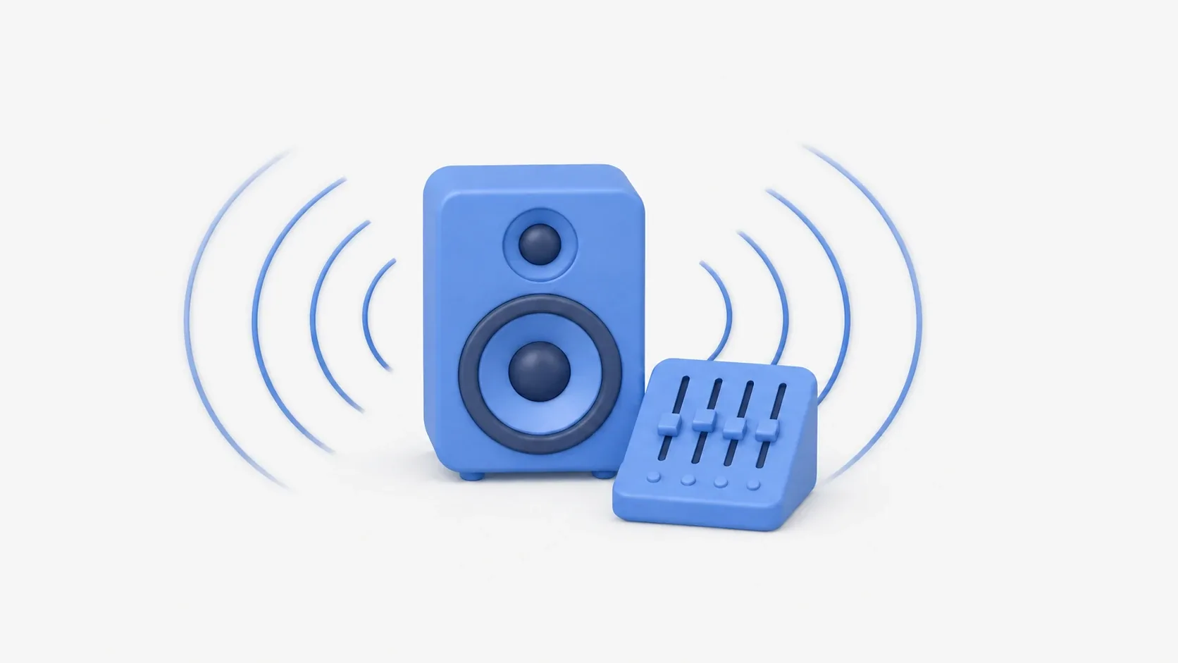An audio management image showing a blue clay speaker emitting sound ripples next to a mixer with a row of volume faders