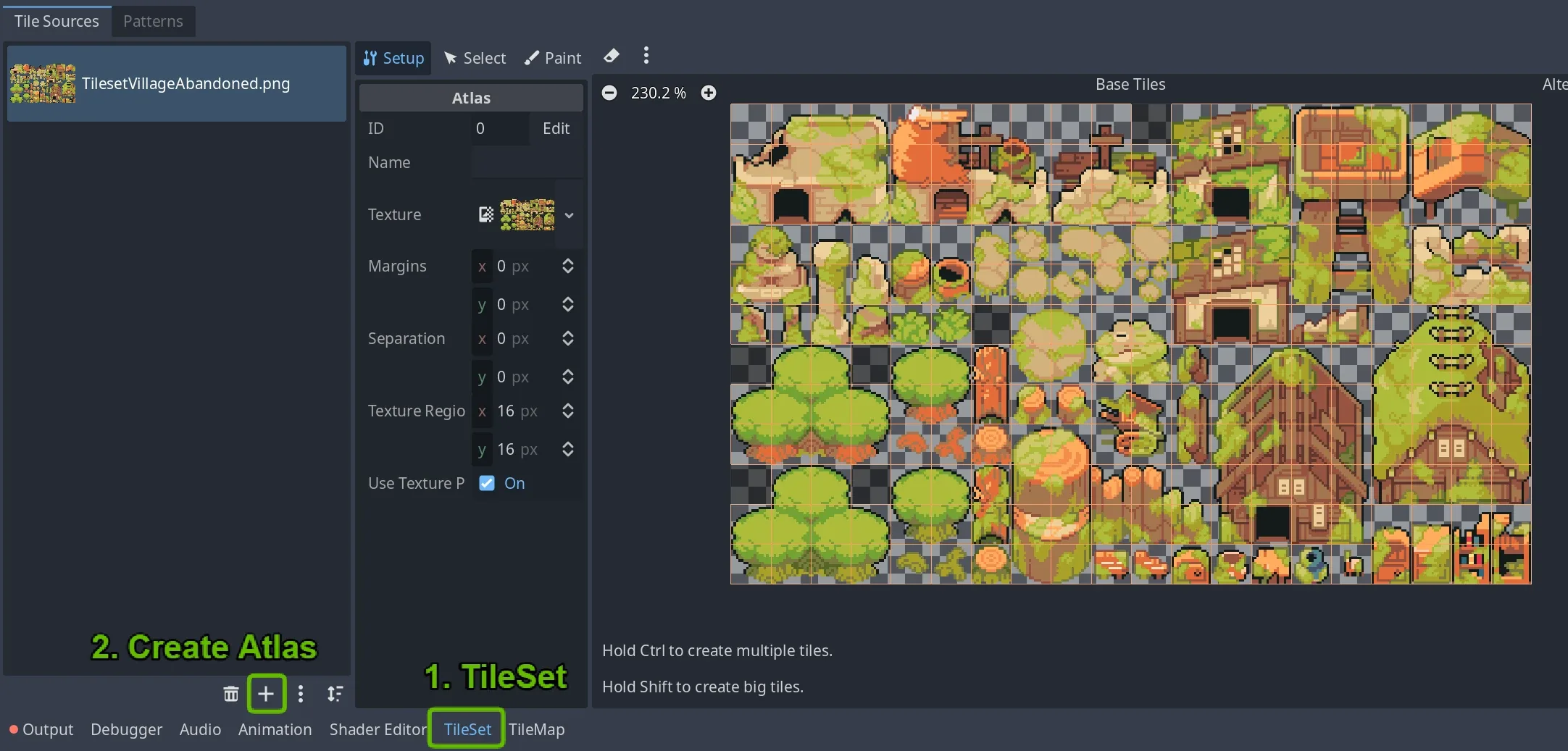 The TileSet editor: creating an atlas with the + button at the lower left, registering the tileset image, and setting the tile size to 16 px in Setup mode
