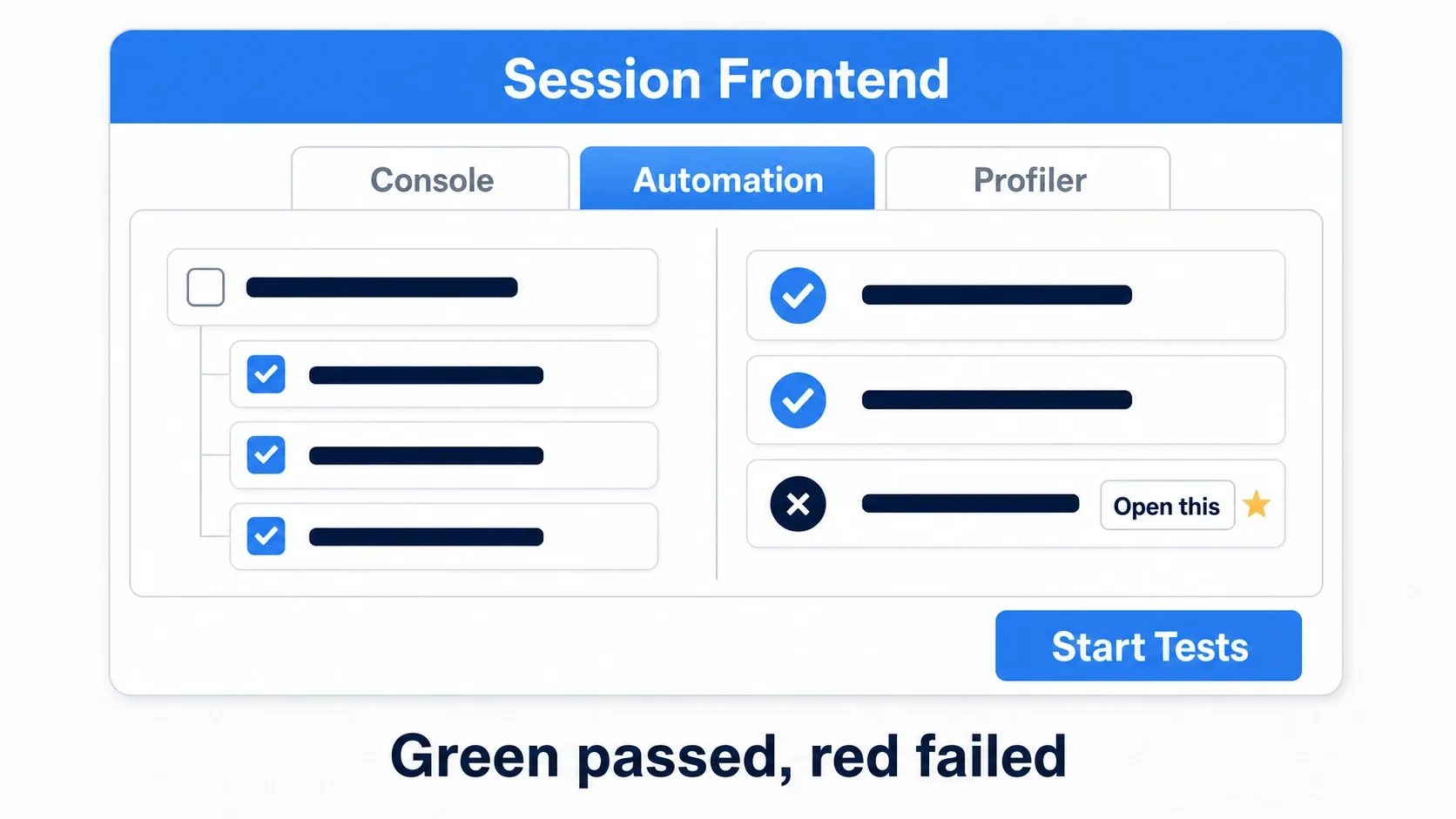 Selecting tests on Session Frontend's Automation tab and hitting run produces a results list