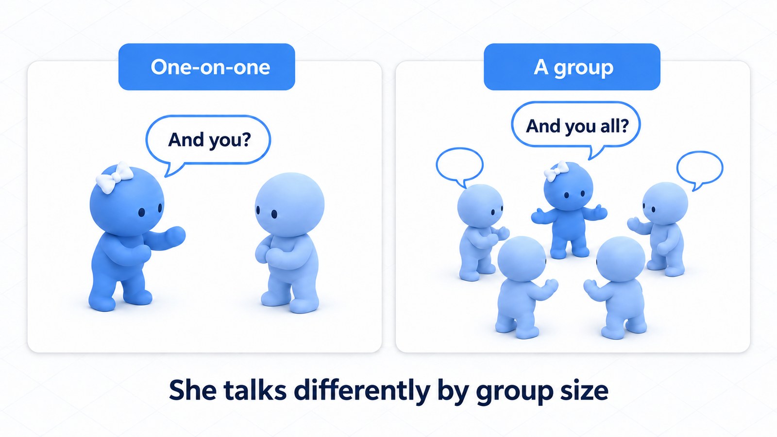She talks differently by group size: “you” for one person, “you all” for a group