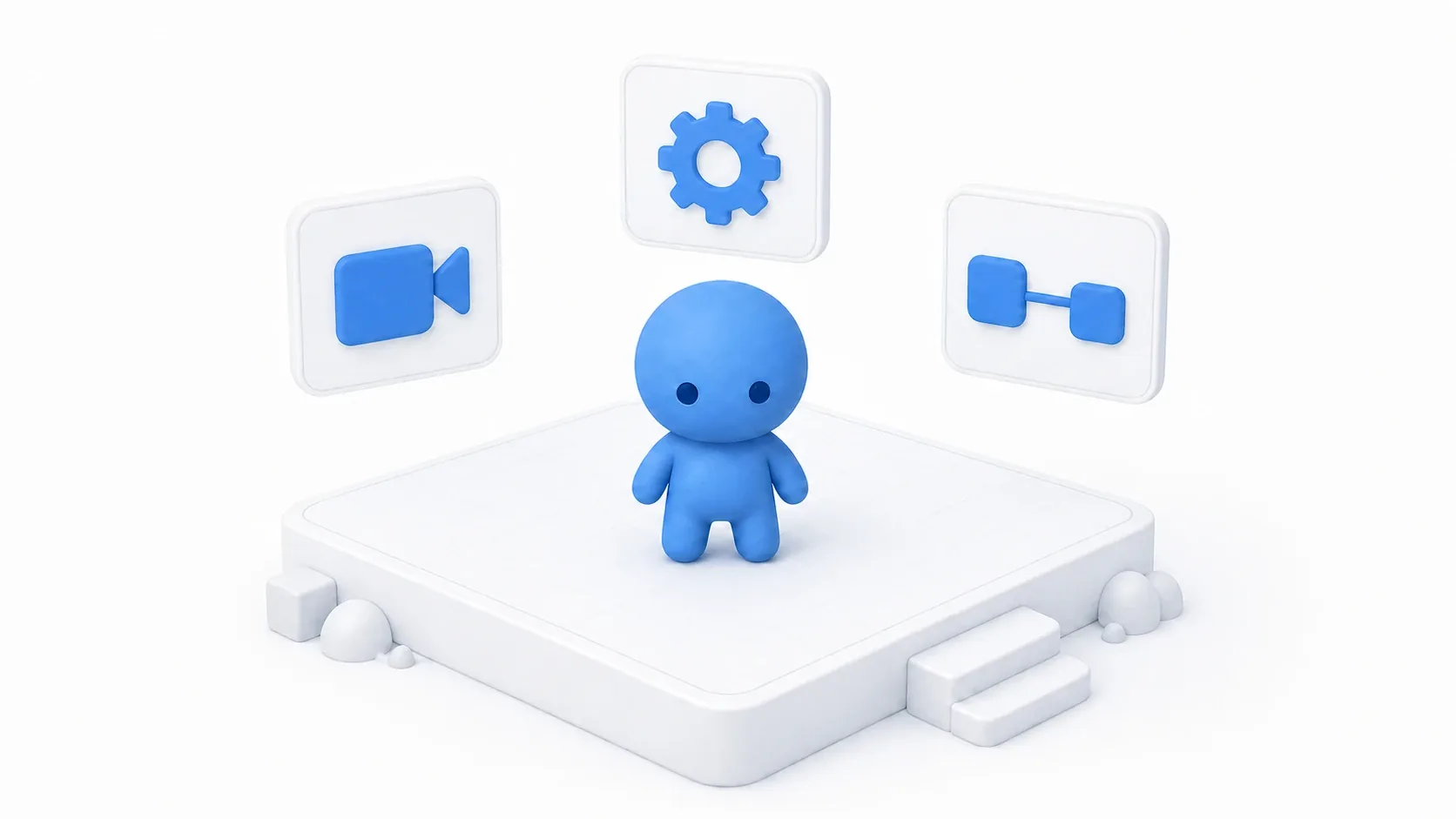 A figure standing on a level, with camera, gear, and node panels floating around it. An image of UE5's core concepts