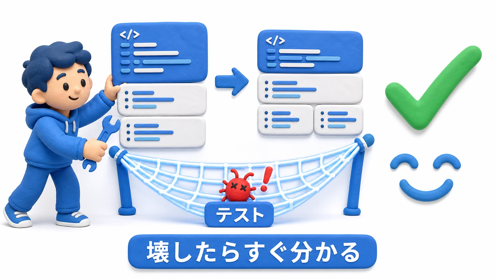 テストが見張り番として働く図。コードを変更した瞬間、テストの盾が「ここが壊れた」とバグを検知して知らせてくれる