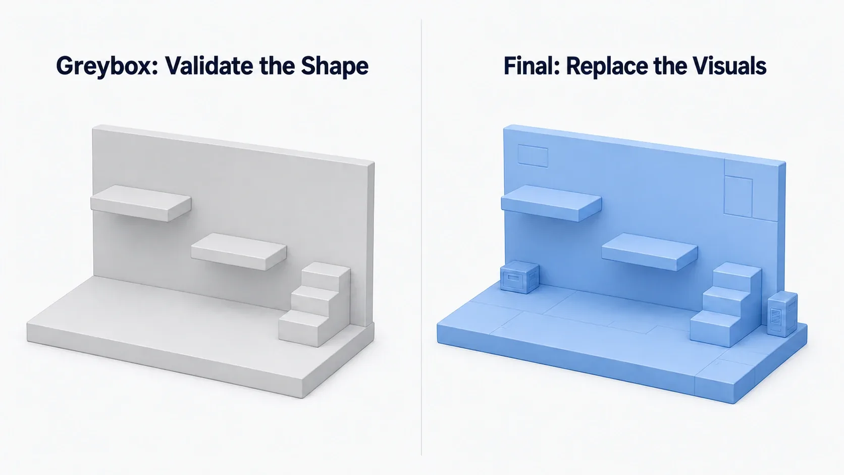 A figure contrasting a stage built from undecorated grey boxes (left) with a finished stage where the looks are swapped in on that foundation (right)