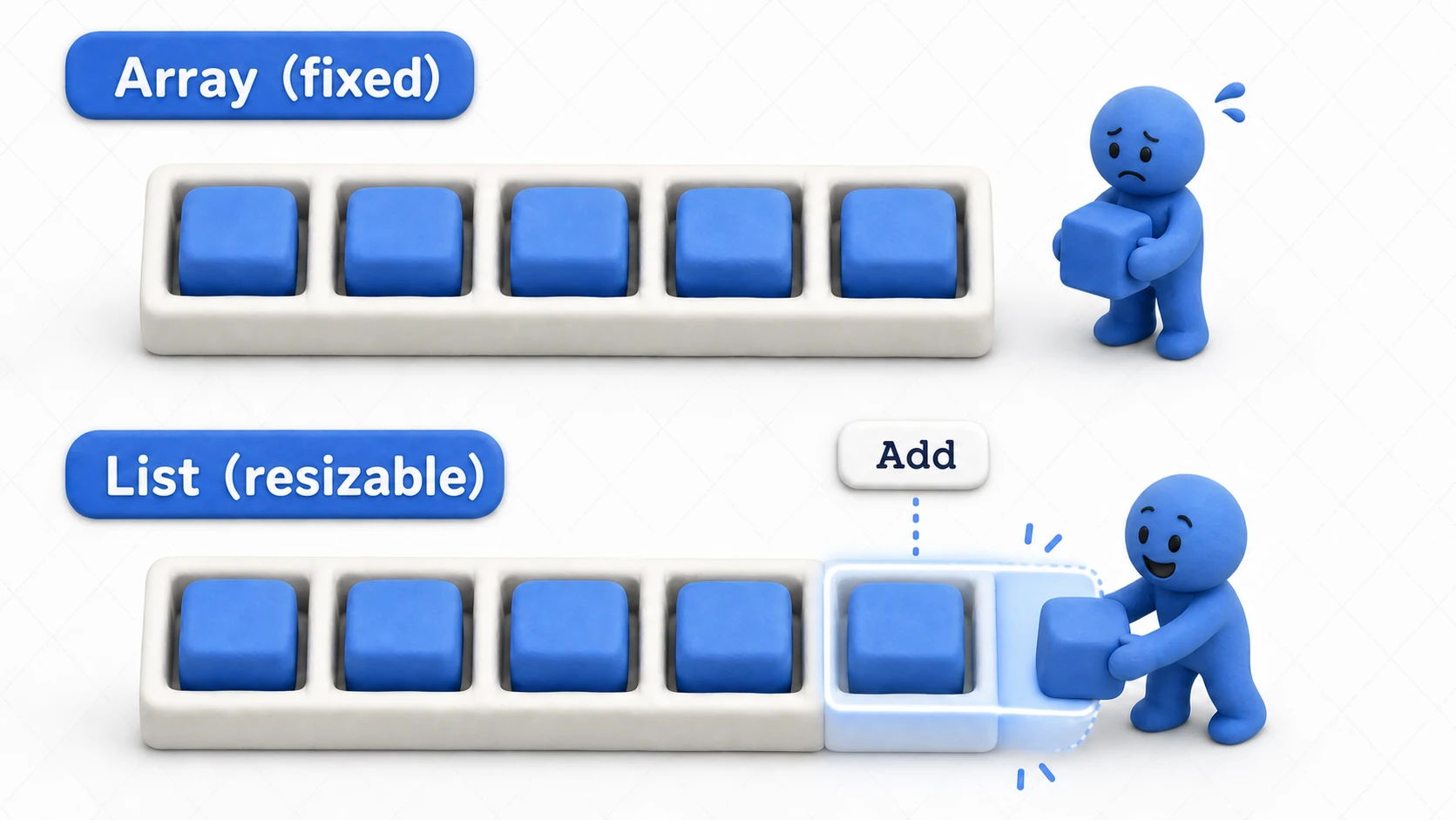 Comparison diagram of array vs. List: an array is a shelf with a fixed number of slots that can't grow after creation, while a List's shelf automatically extends when you add elements