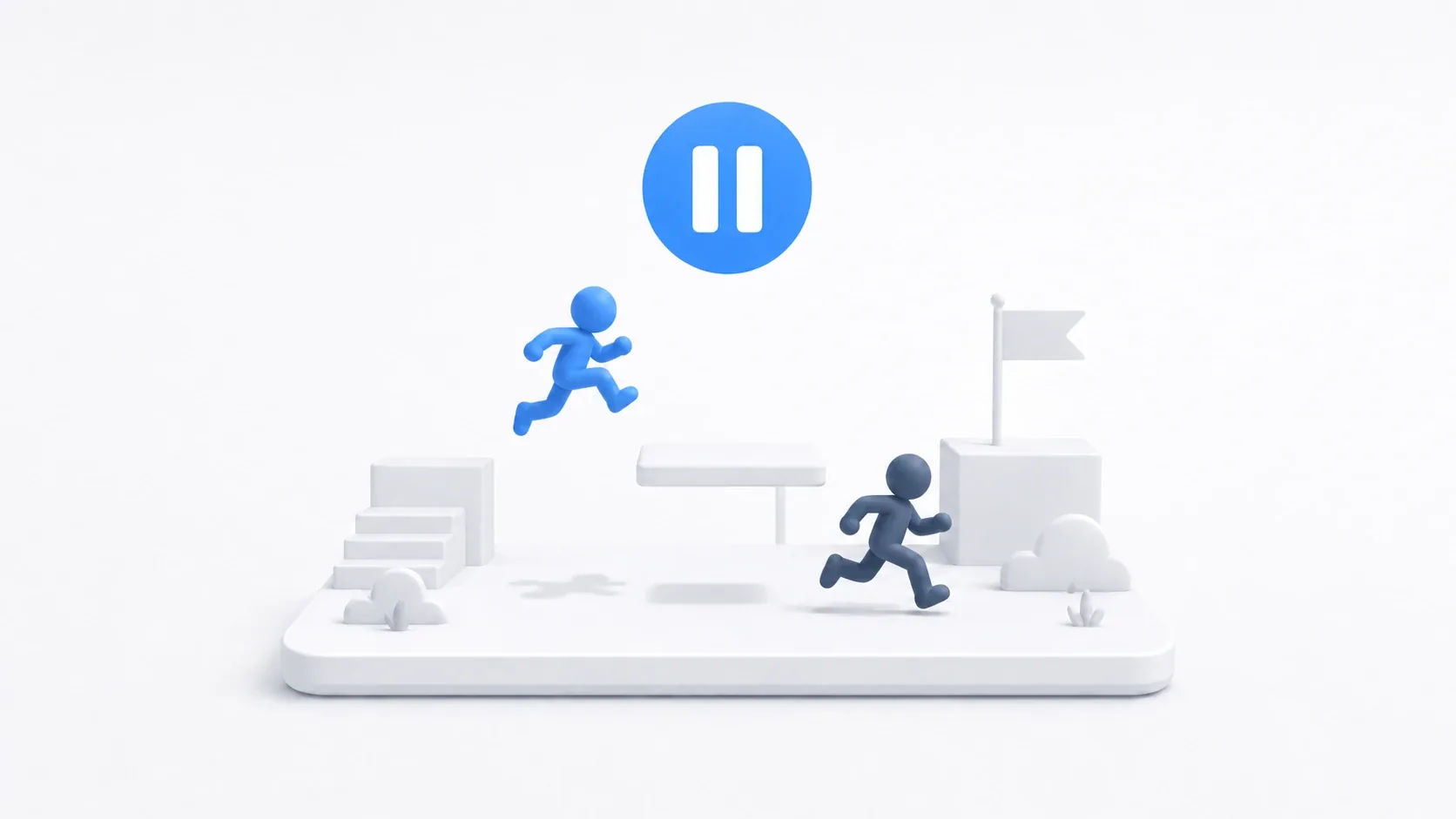 The game world frozen mid-pause, with a jumping player and a running enemy suspended in midair