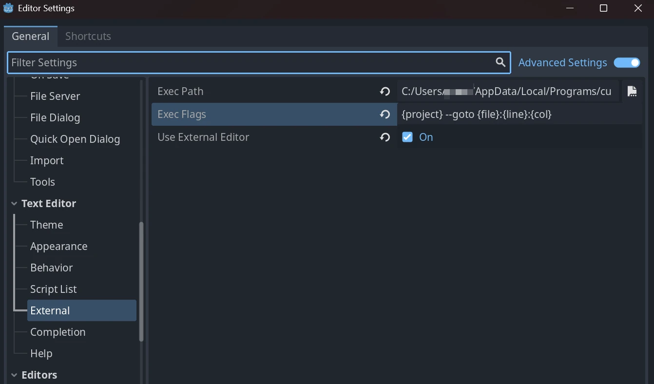 External Editor Settings Screen