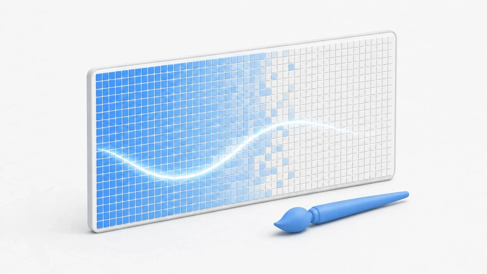 A screen panel made of a fine pixel grid, with a soft blue wave of light sweeping from left to right and tinting the pixels as it passes