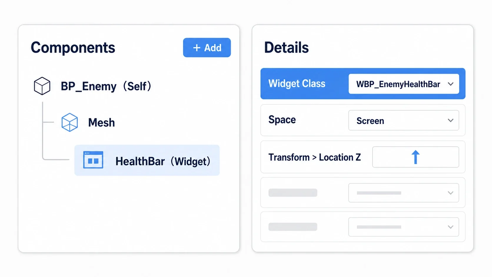 敵BlueprintのComponentsにWidgetを追加し、DetailsのWidget ClassにWBP_EnemyHealthBarを割り当てる様子