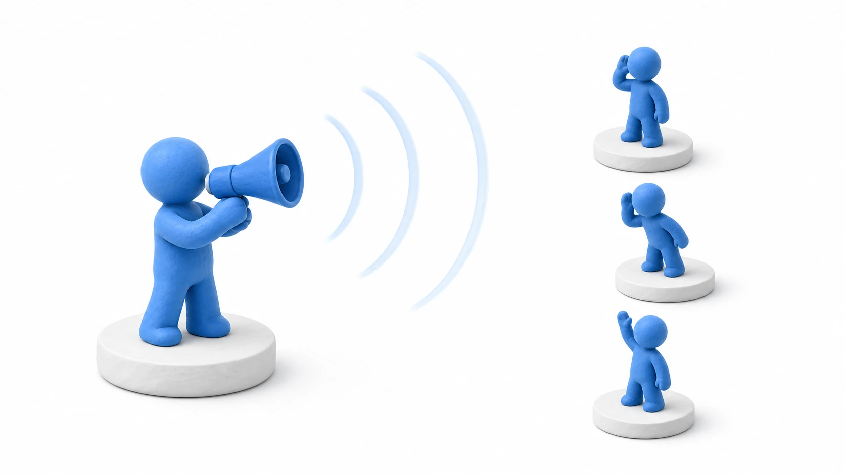 Illustration of event-driven design: a publisher shouts an event through a megaphone while multiple listeners each tune in