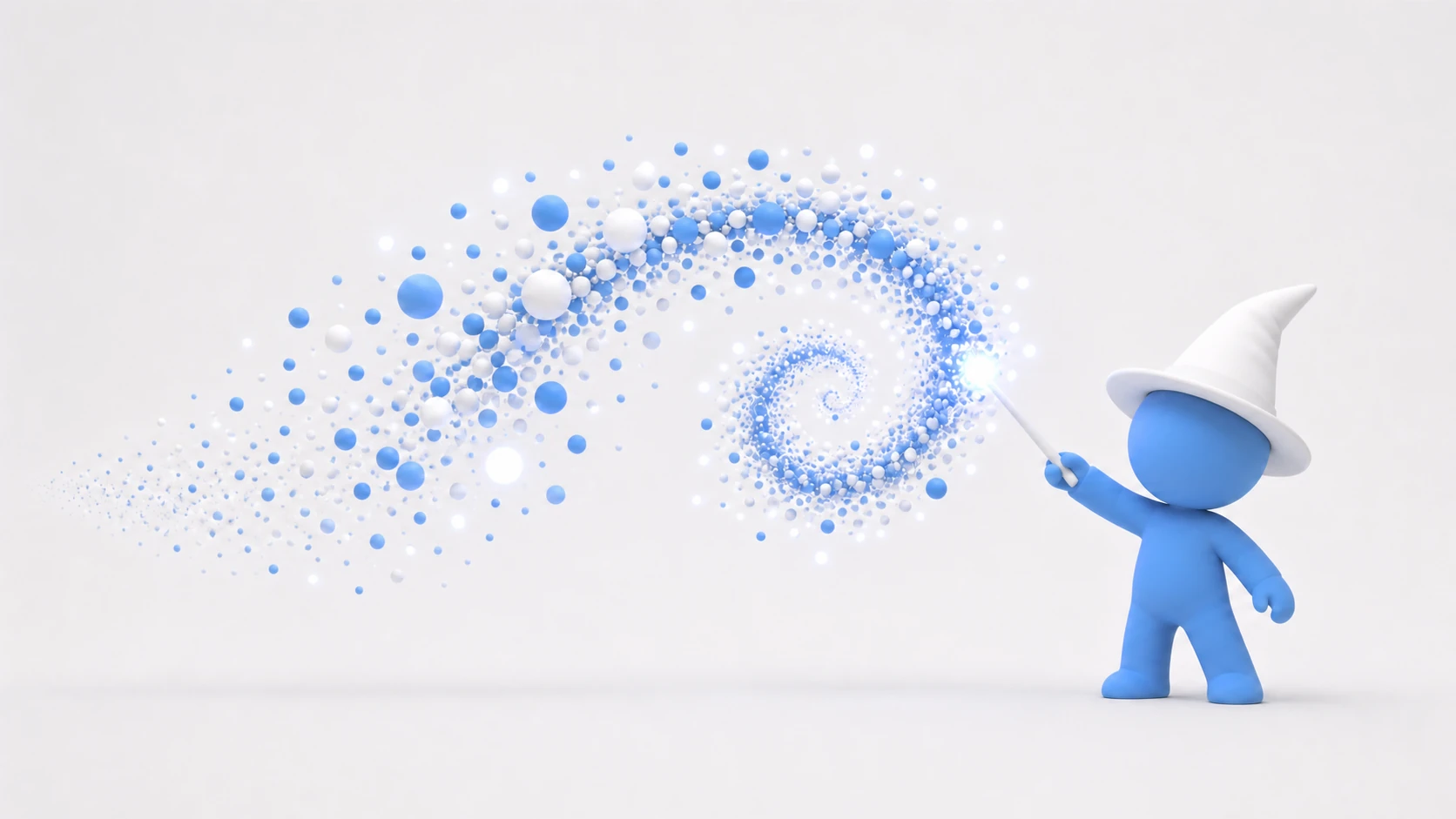 Illustration of the Particle System: a clay wizard waves a staff, and countless tiny motes swirl out, growing thinner and smaller toward the tips before they disappear