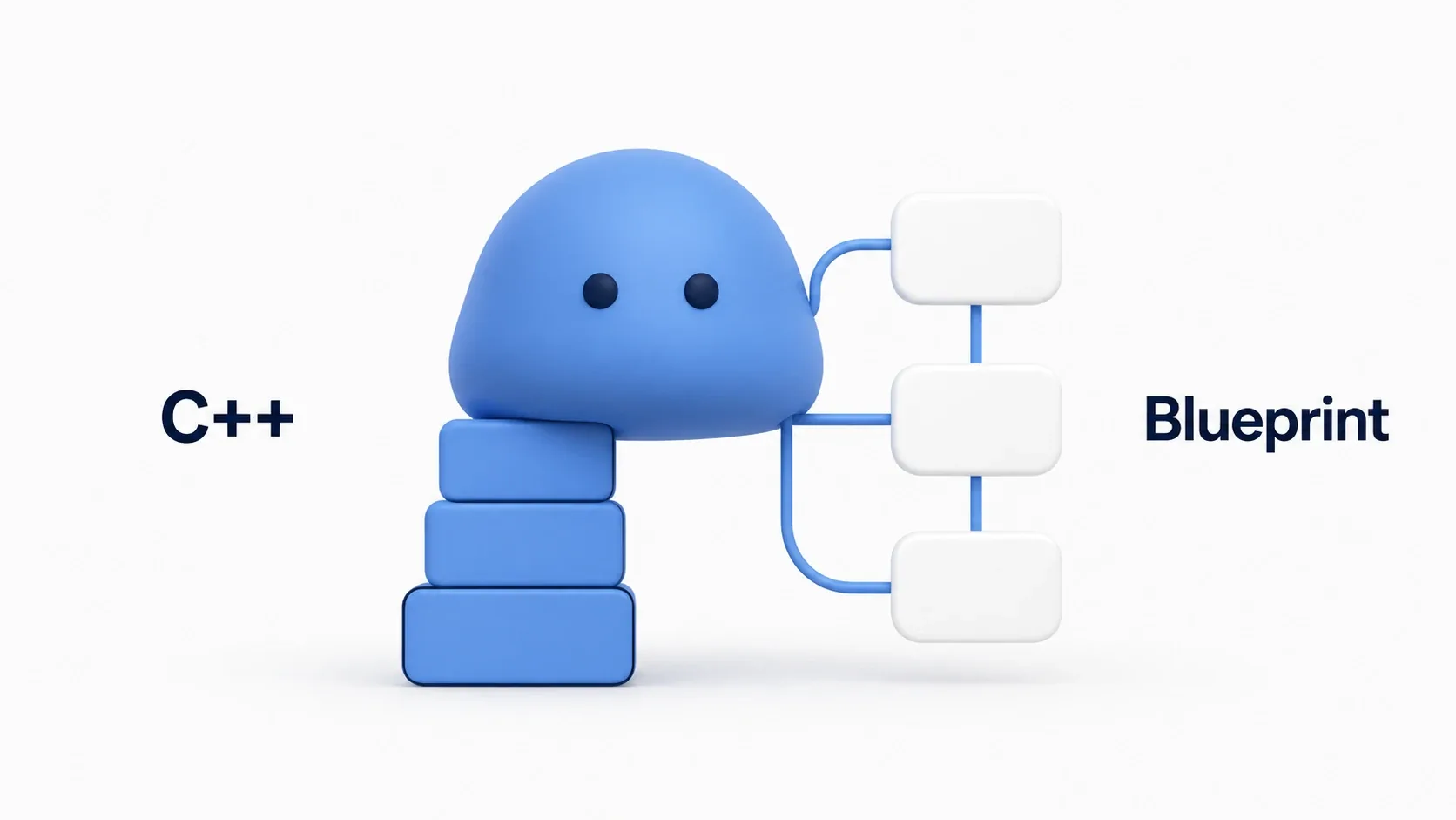 左にC++の土台ブロック、右にBlueprintのノードカード。1体の敵がその両方から組み上がっている図
