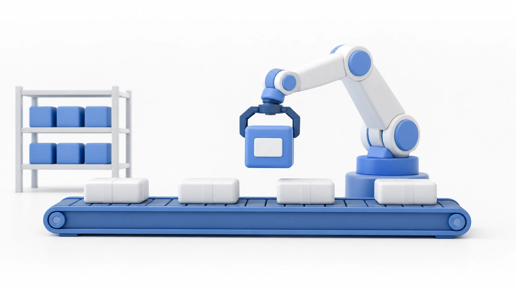 Addressablesのイメージ。粘土の配送センターで、アドレスラベルの付いた小包がコンベアで運ばれ、ロボットがゲームアセット（剣・キャラ・音符）を取り出している